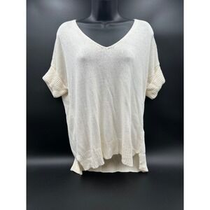 Massimo Dutti Knit Top V Neck Short Sleeve Relaxed‎ Fit Cream Casual